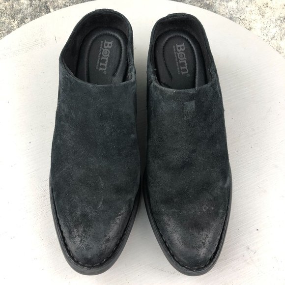 Born Women's 6M Shaya Black Distressed Leather Almond Toe Slip On Heeled Mules - Picture 7 of 13